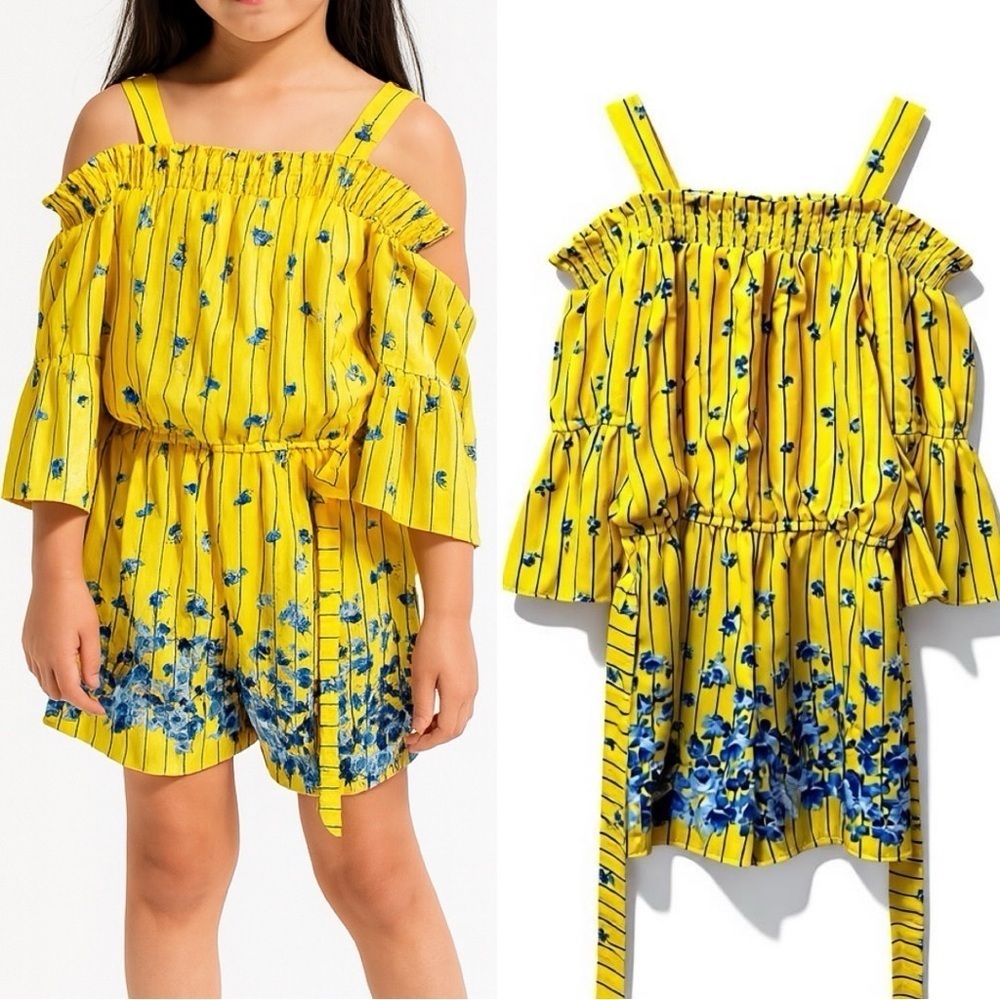 438 My Michelle | NWOT Yellow Floral Stripe Print Cold Shoulder Romper (Sz L)